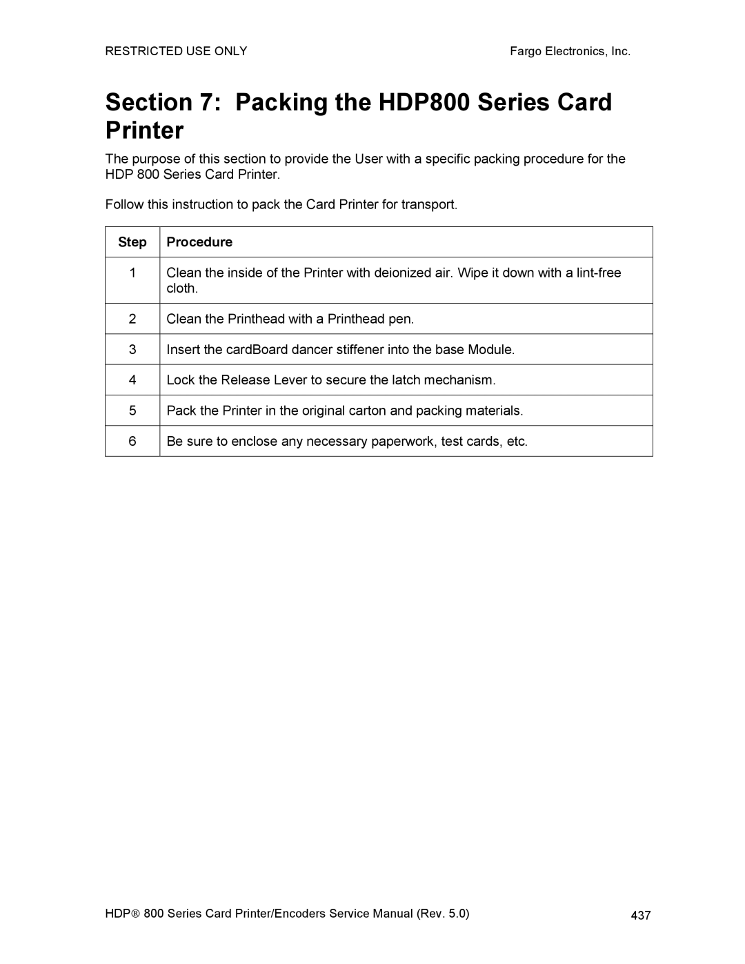 FARGO electronic HDP820 service manual Packing the HDP800 Series Card Printer 