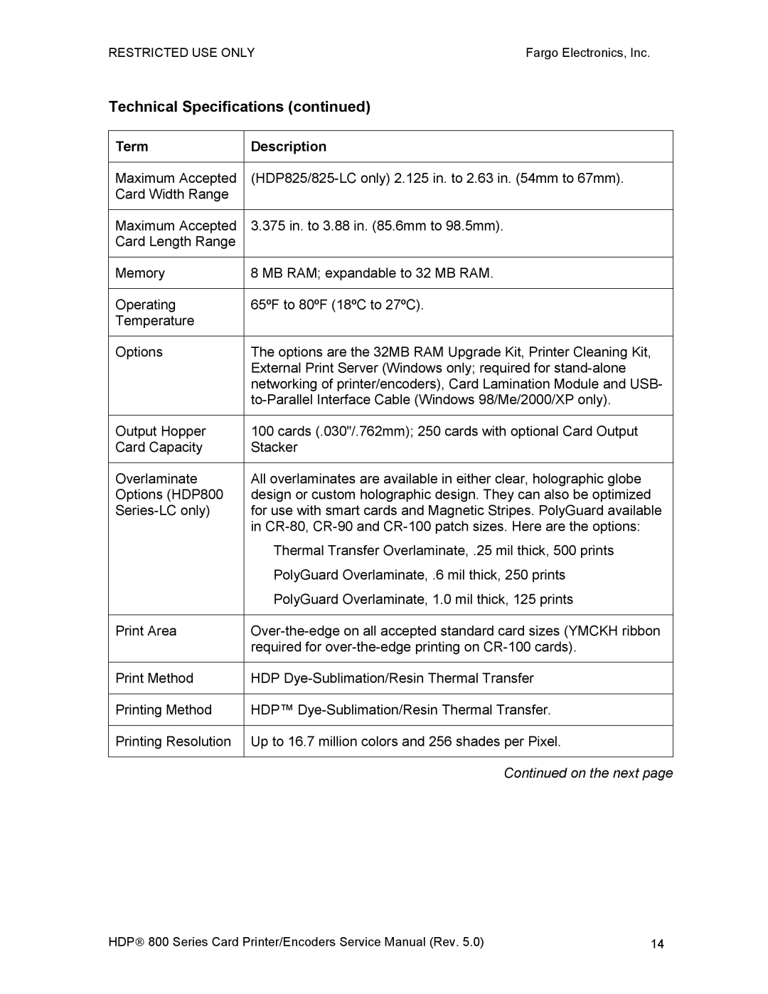 FARGO electronic HDP820 service manual Technical Specifications 