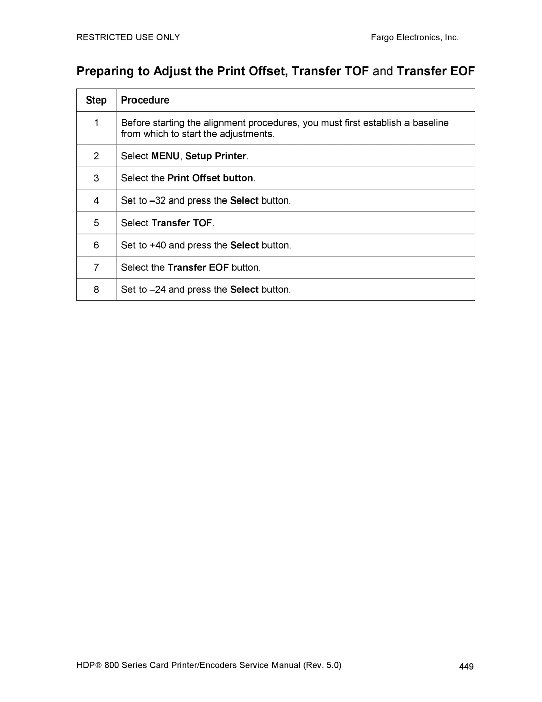 FARGO electronic HDP820 service manual Select MENU, Setup Printer, Select the Print Offset button, Select Transfer TOF 