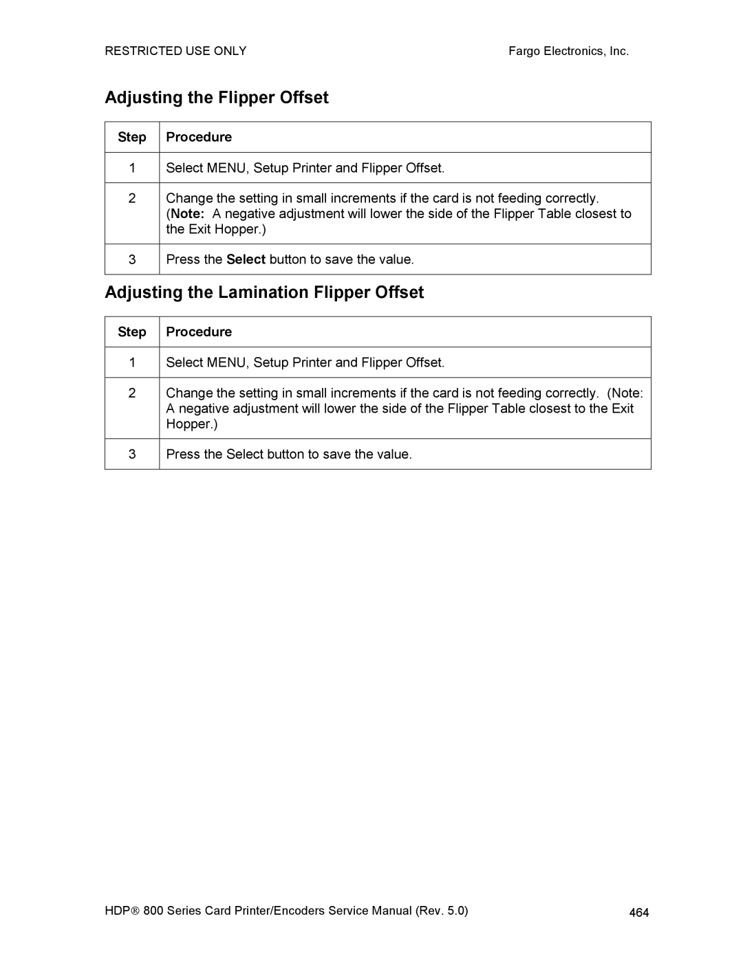 FARGO electronic HDP820 service manual Adjusting the Flipper Offset, Adjusting the Lamination Flipper Offset 
