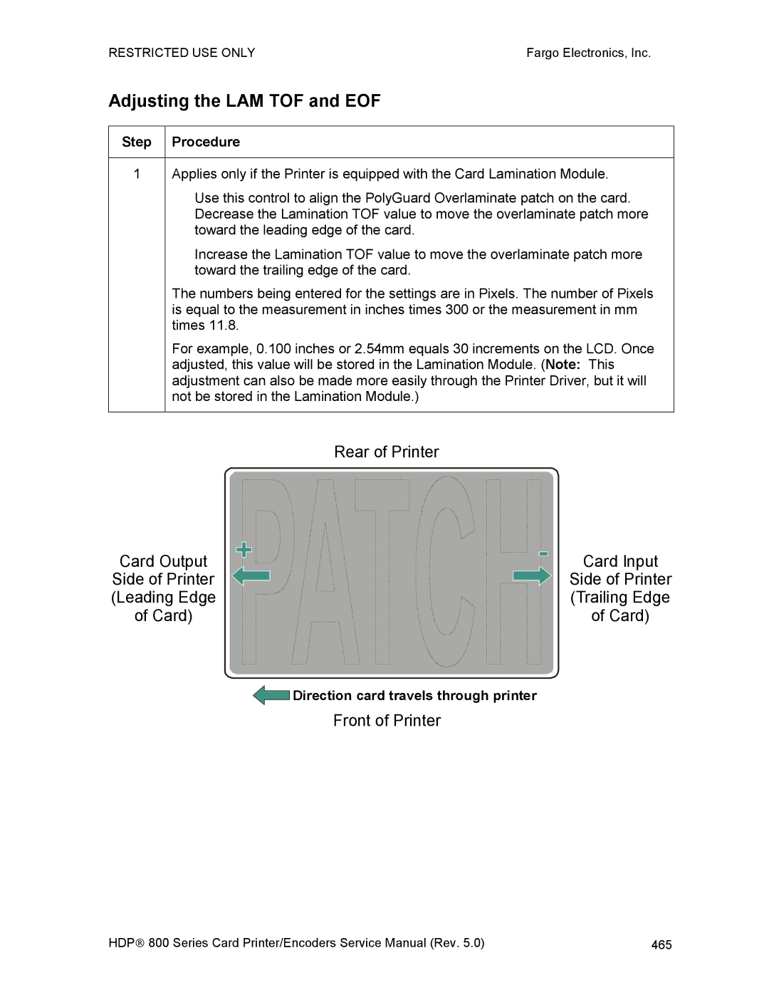 FARGO electronic HDP820 service manual Adjusting the LAM TOF and EOF 