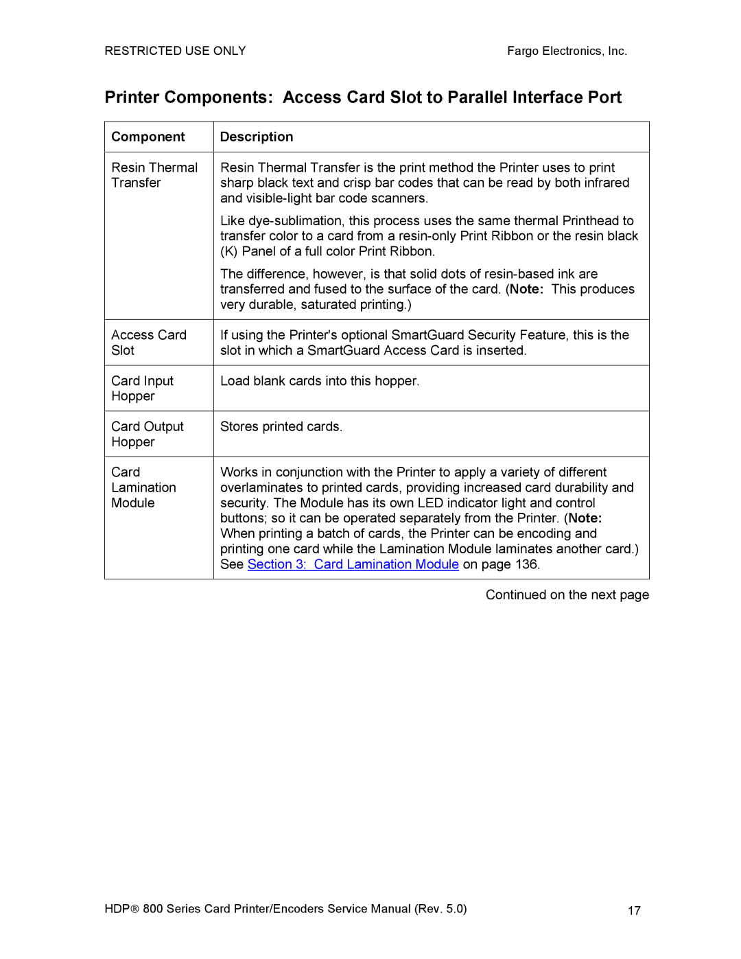 FARGO electronic HDP820 service manual Component Description 