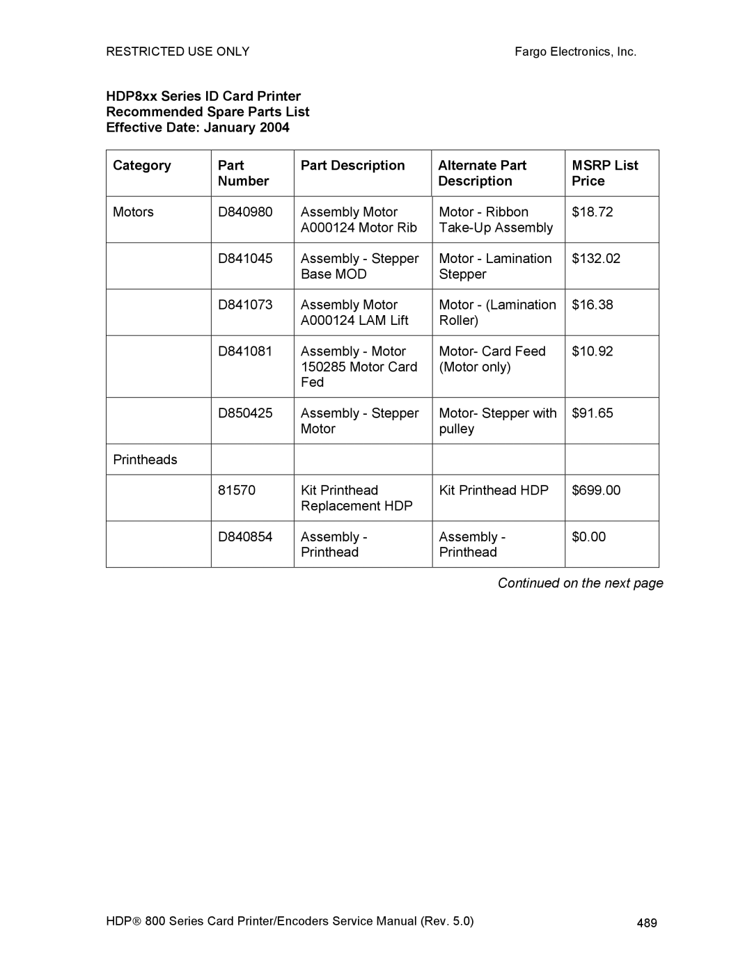 FARGO electronic HDP820 service manual 489 