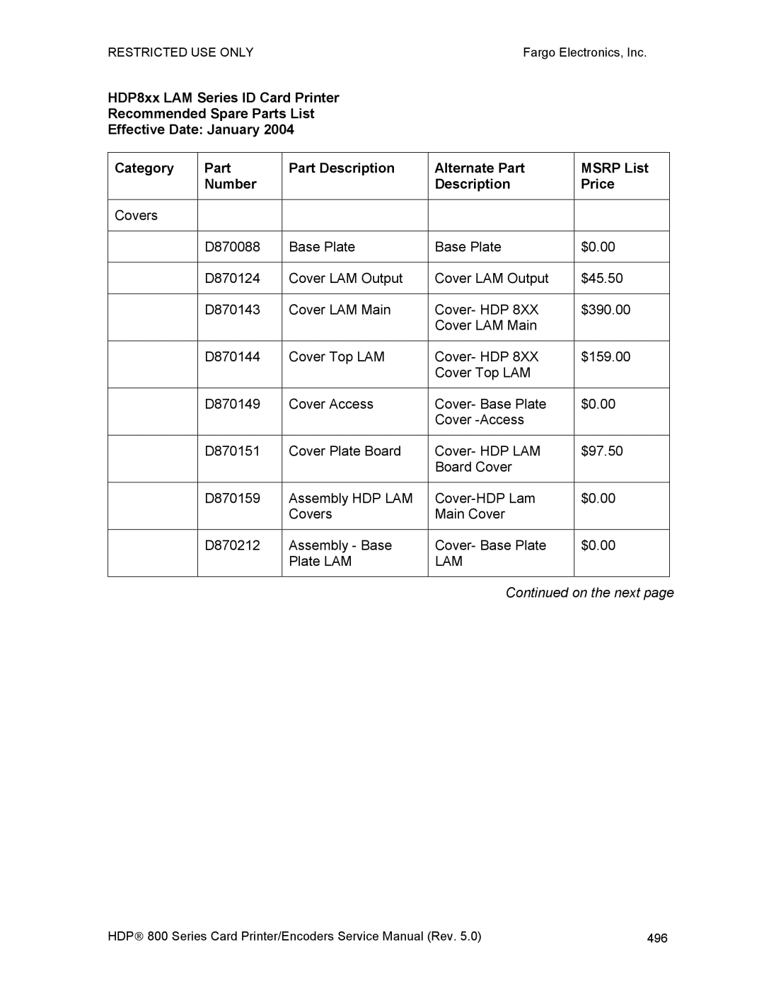 FARGO electronic HDP820 service manual 496 