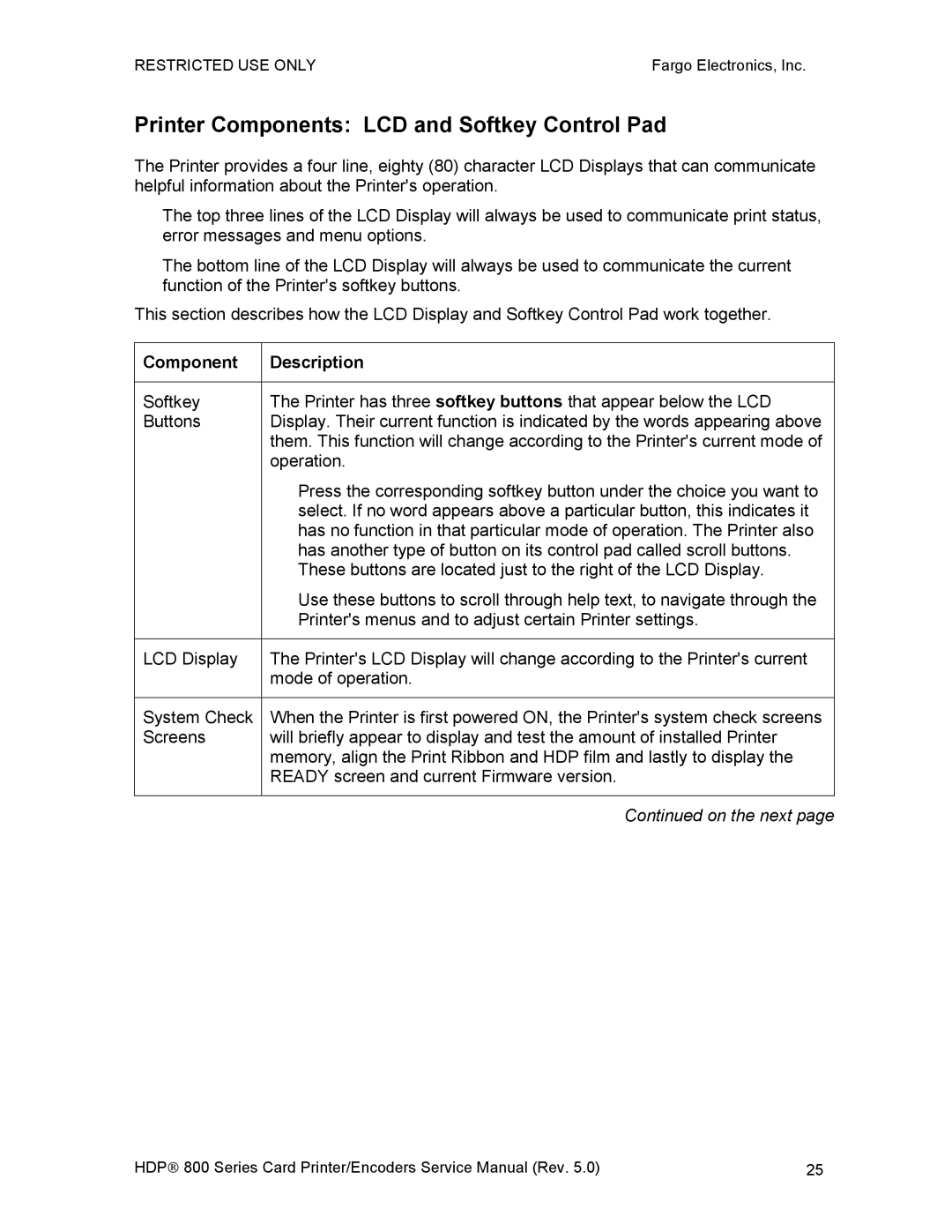 FARGO electronic HDP820 service manual Printer Components LCD and Softkey Control Pad 