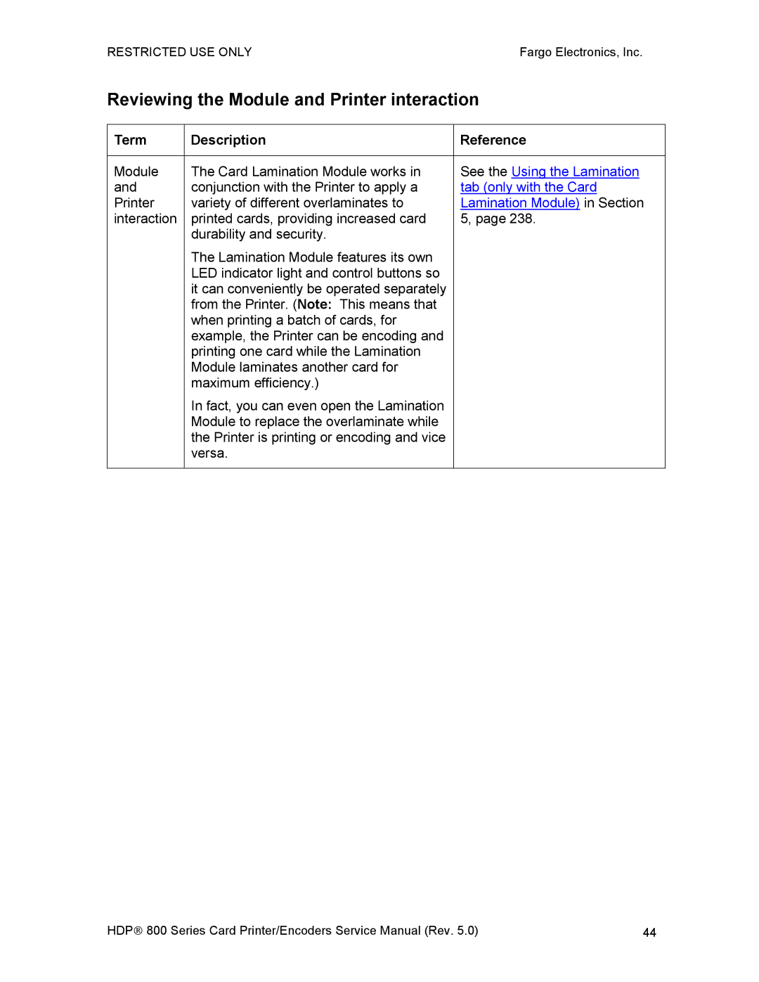 FARGO electronic HDP820 service manual Reviewing the Module and Printer interaction, Term Description Reference 