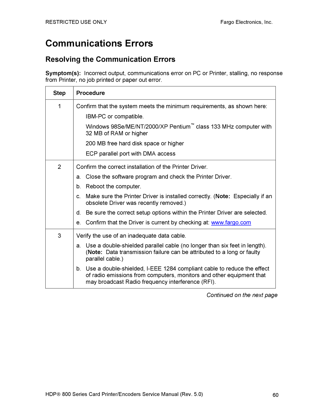 FARGO electronic HDP820 service manual Communications Errors, Resolving the Communication Errors, Step Procedure 