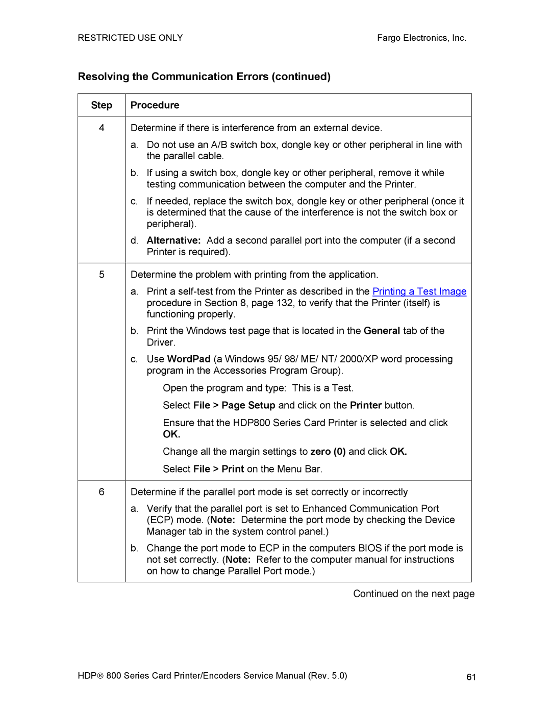 FARGO electronic HDP820 service manual Resolving the Communication Errors, Step 