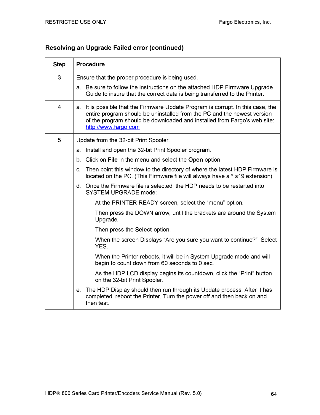 FARGO electronic HDP820 service manual Resolving an Upgrade Failed error, Step 