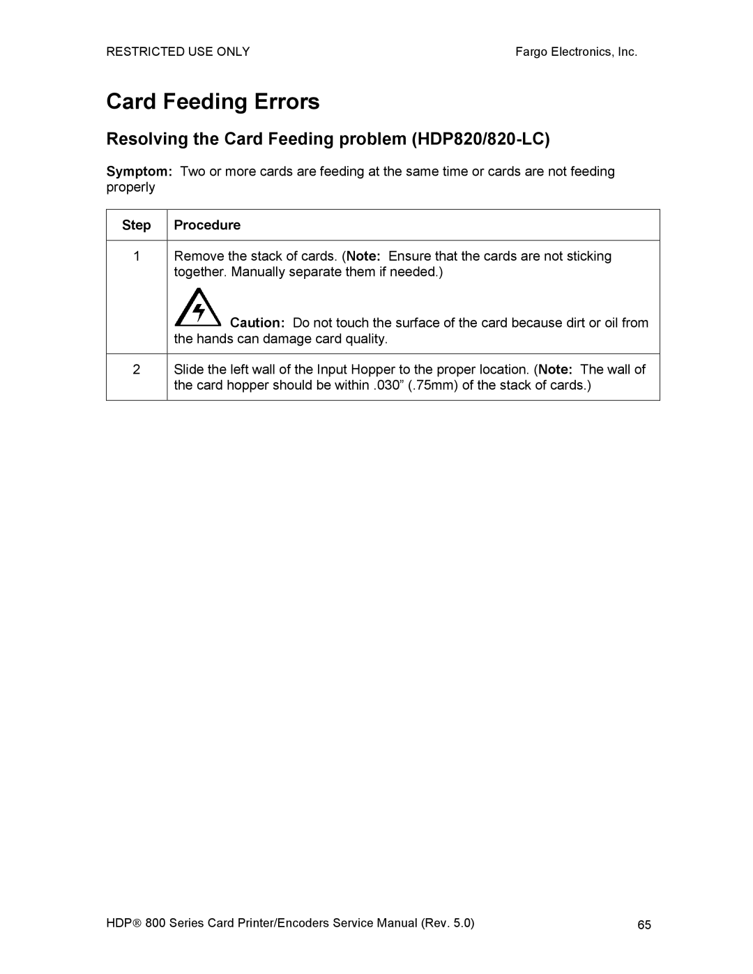 FARGO electronic service manual Card Feeding Errors, Resolving the Card Feeding problem HDP820/820-LC 