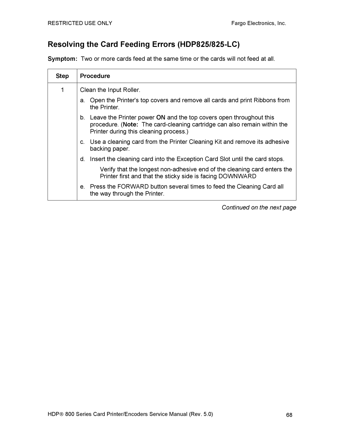 FARGO electronic HDP820 service manual Resolving the Card Feeding Errors HDP825/825-LC, Step 