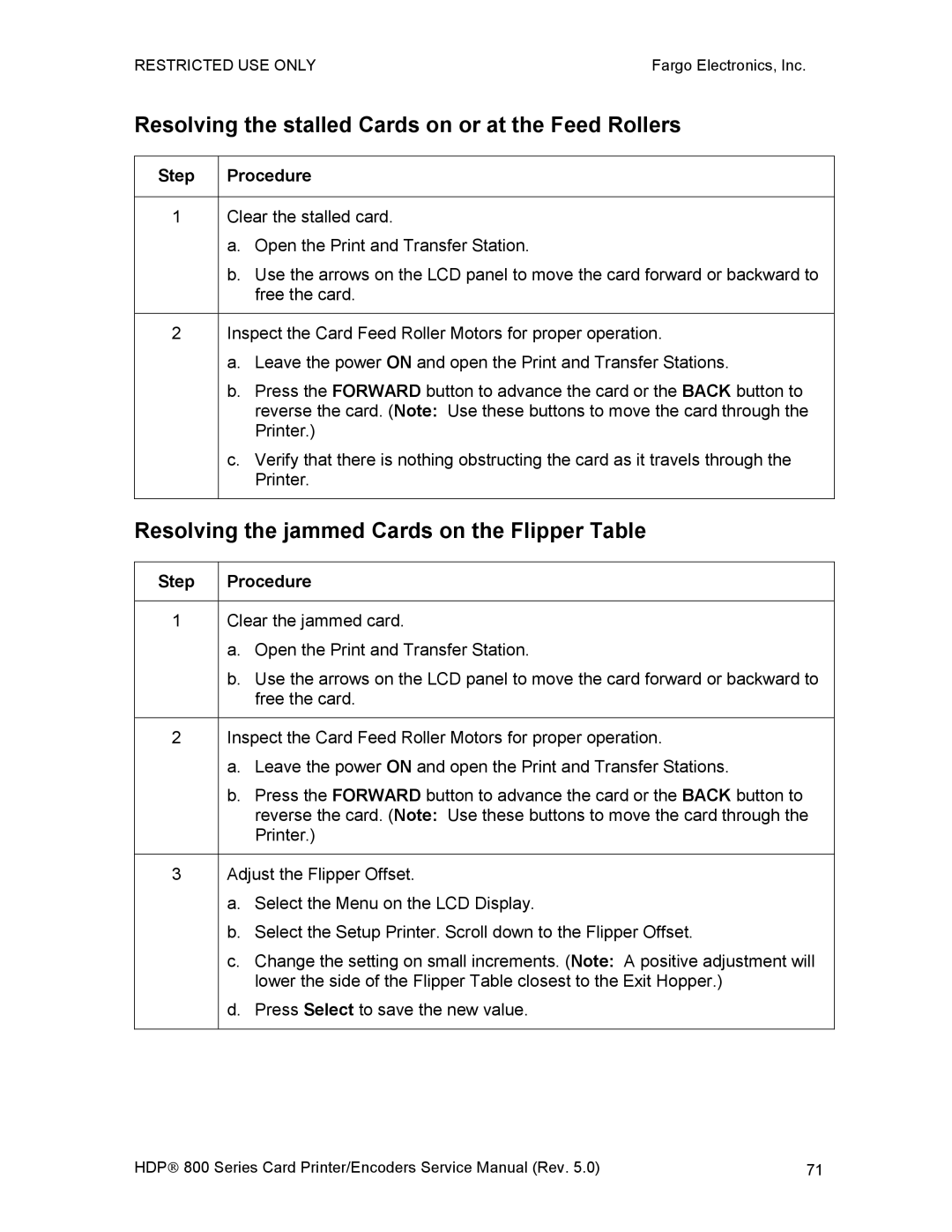 FARGO electronic HDP820 service manual Resolving the stalled Cards on or at the Feed Rollers 