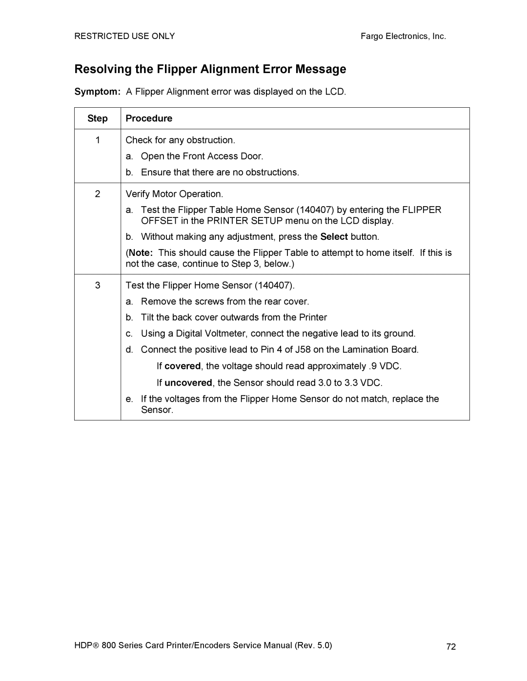 FARGO electronic HDP820 service manual Resolving the Flipper Alignment Error Message 