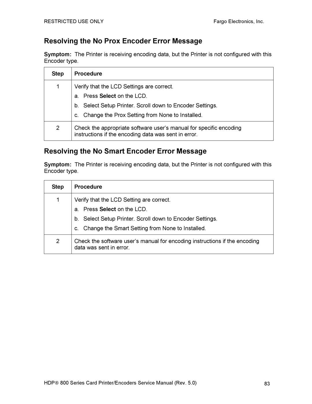 FARGO electronic HDP820 Resolving the No Prox Encoder Error Message, Resolving the No Smart Encoder Error Message 