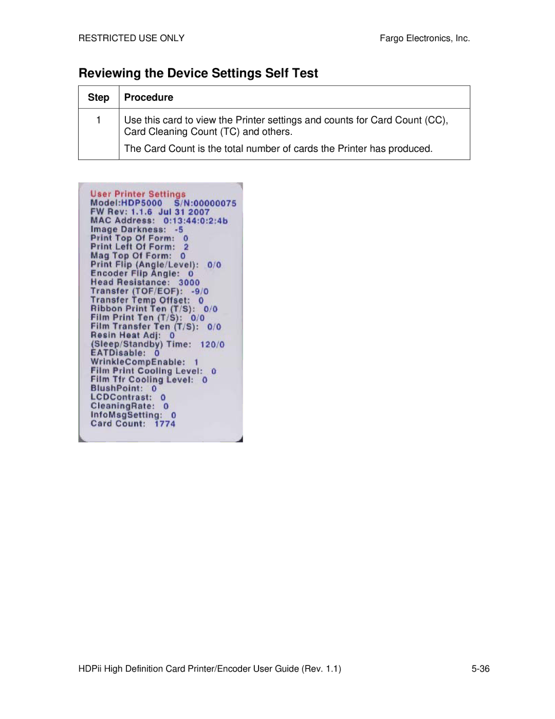 FARGO electronic HDPii manual Reviewing the Device Settings Self Test 