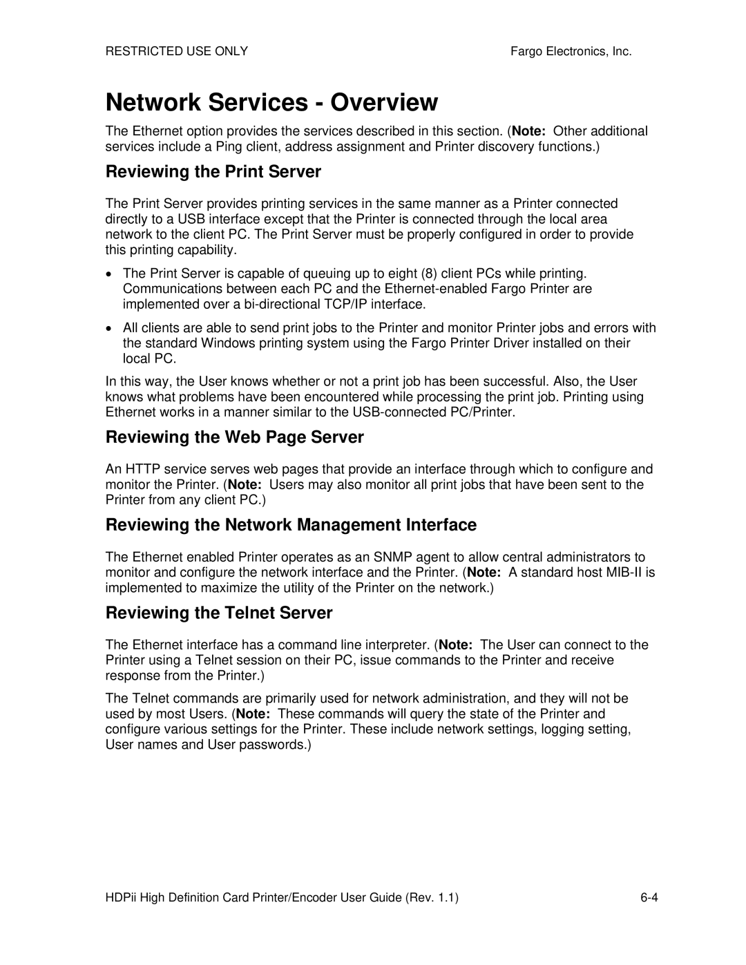 FARGO electronic HDPii manual Reviewing the Print Server, Reviewing the Web Page Server, Reviewing the Telnet Server 
