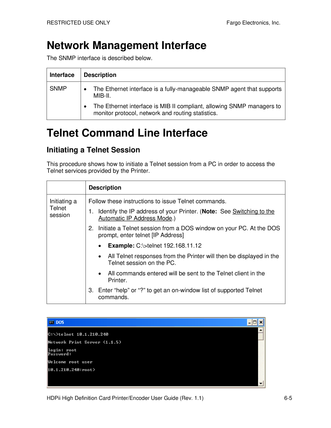 FARGO electronic HDPii manual Initiating a Telnet Session, Snmp interface is described below, Interface Description, Mib-Ii 