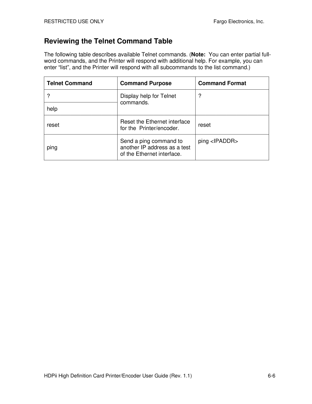 FARGO electronic HDPii manual Reviewing the Telnet Command Table, Telnet Command Command Purpose Command Format 