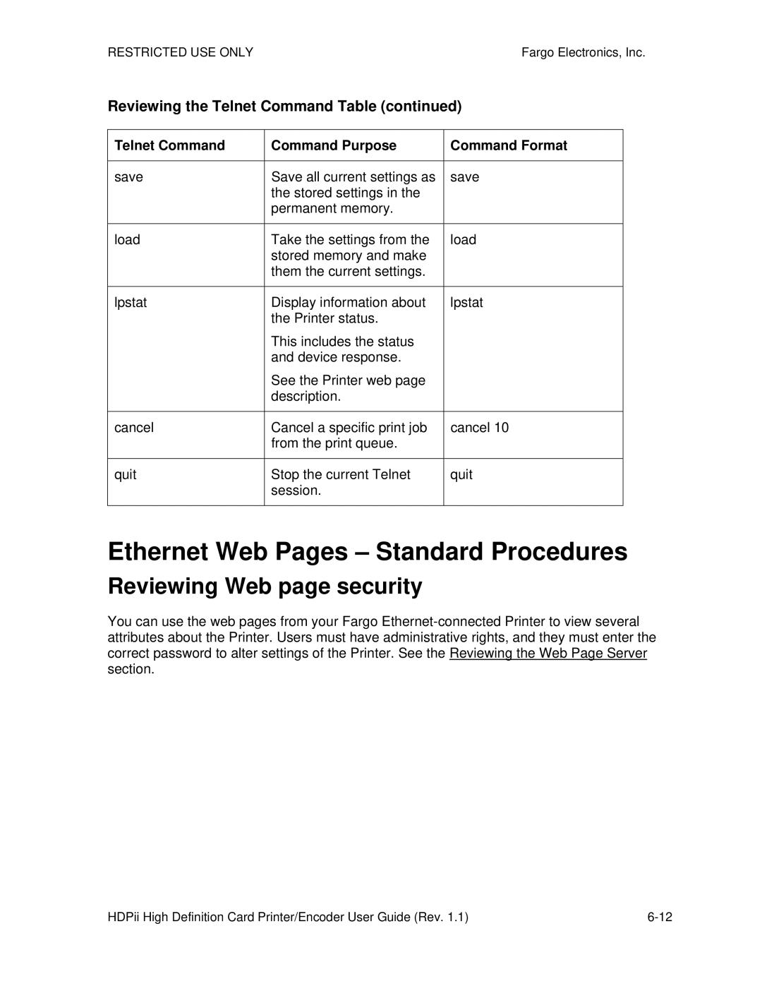 FARGO electronic HDPii manual Ethernet Web Pages Standard Procedures, Reviewing Web page security 