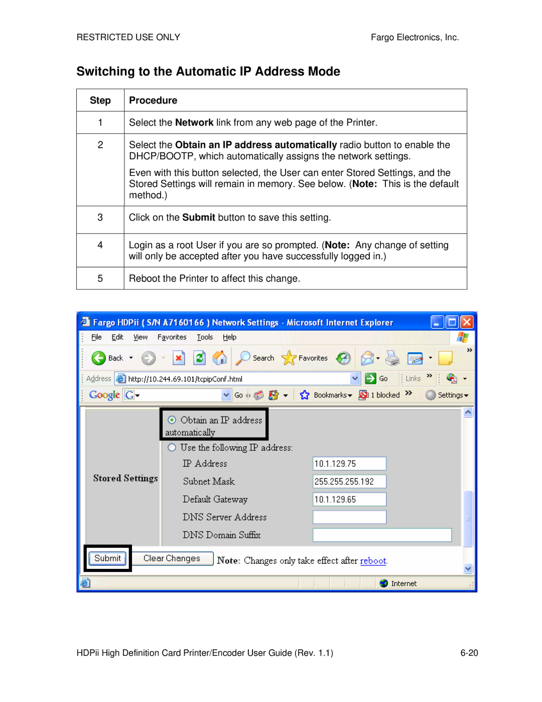 FARGO electronic HDPii manual Switching to the Automatic IP Address Mode, Step 