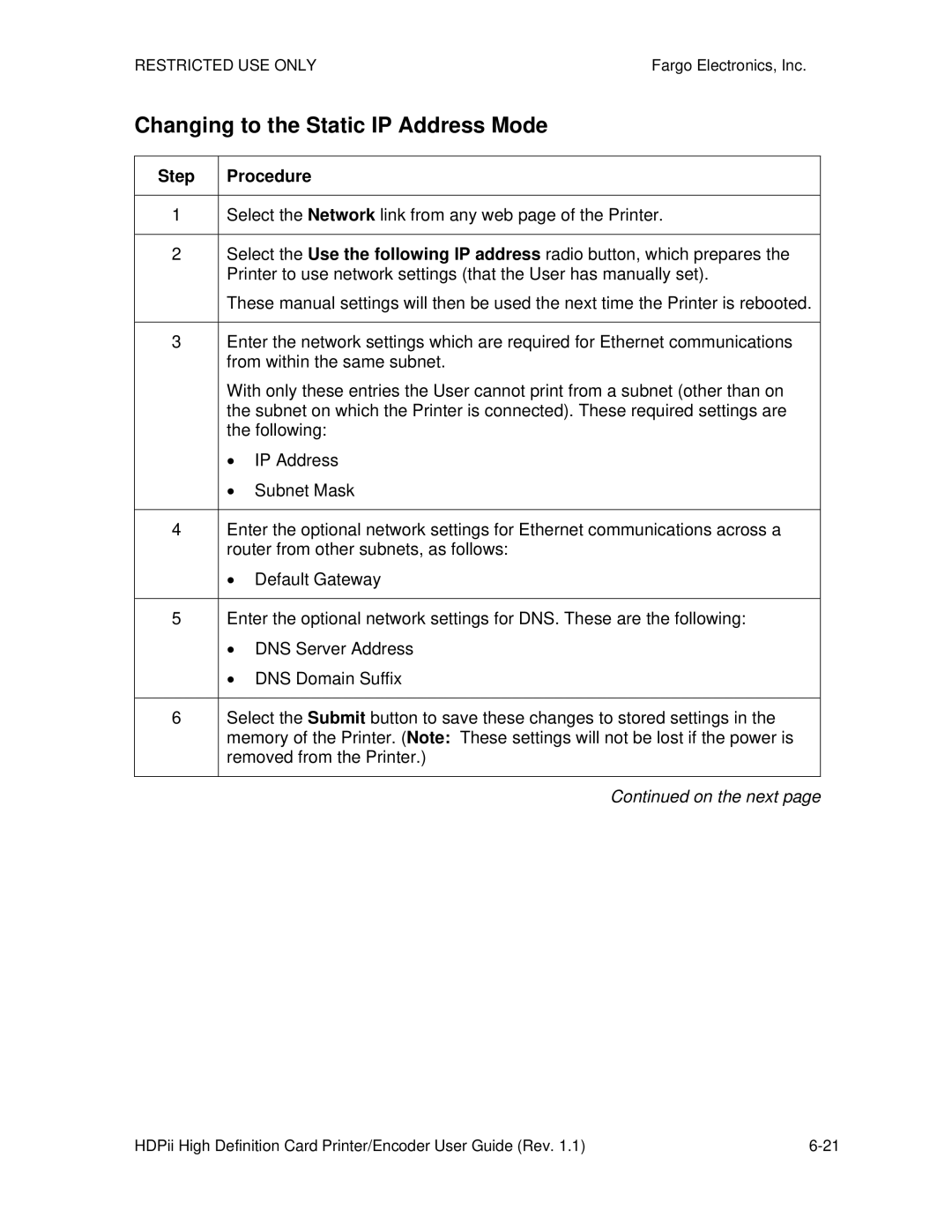 FARGO electronic HDPii manual Changing to the Static IP Address Mode 