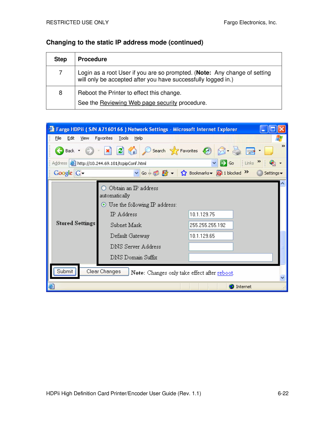 FARGO electronic HDPii manual Changing to the static IP address mode 