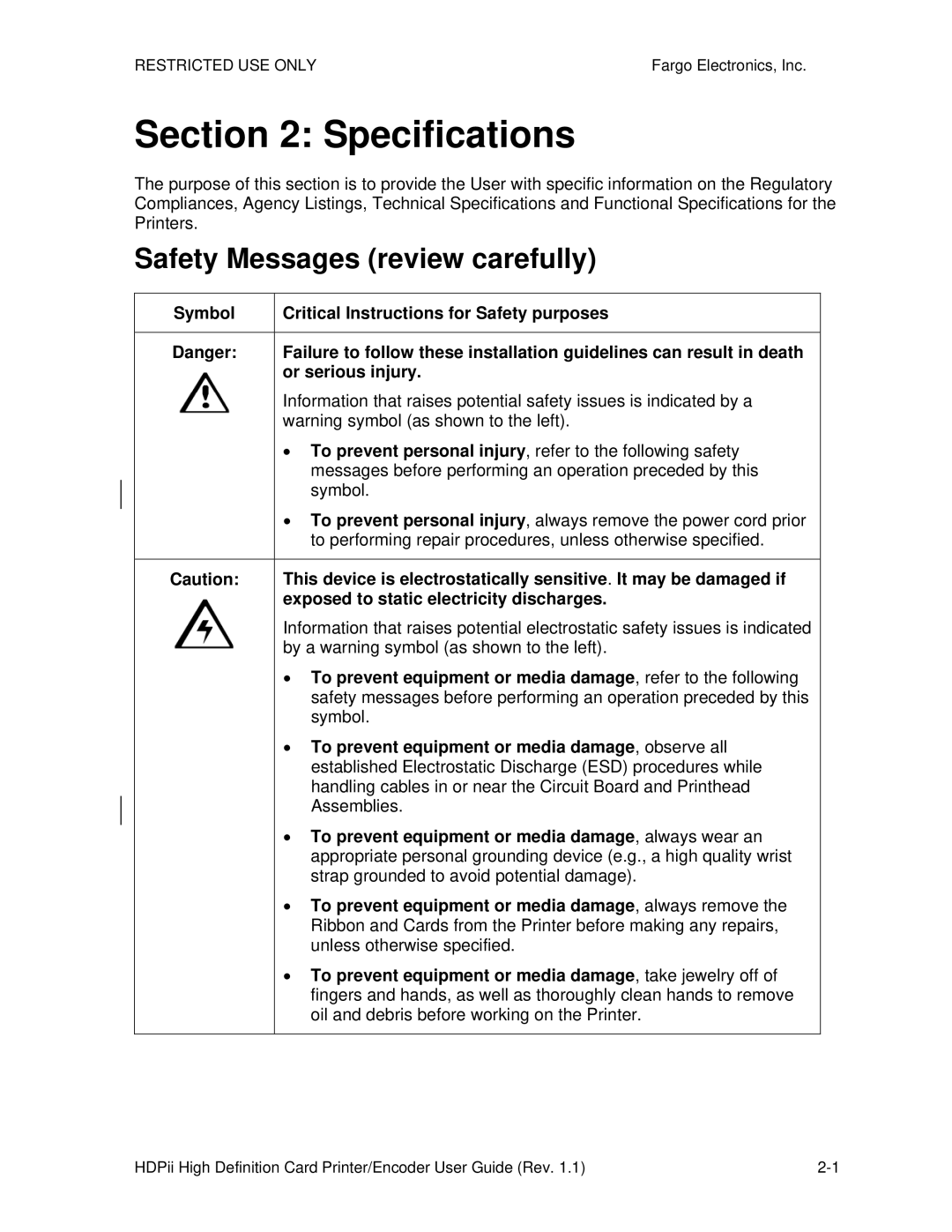 FARGO electronic HDPii manual Specifications 