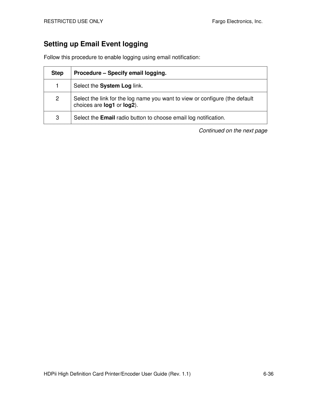 FARGO electronic HDPii manual Setting up Email Event logging, Step Procedure Specify email logging 