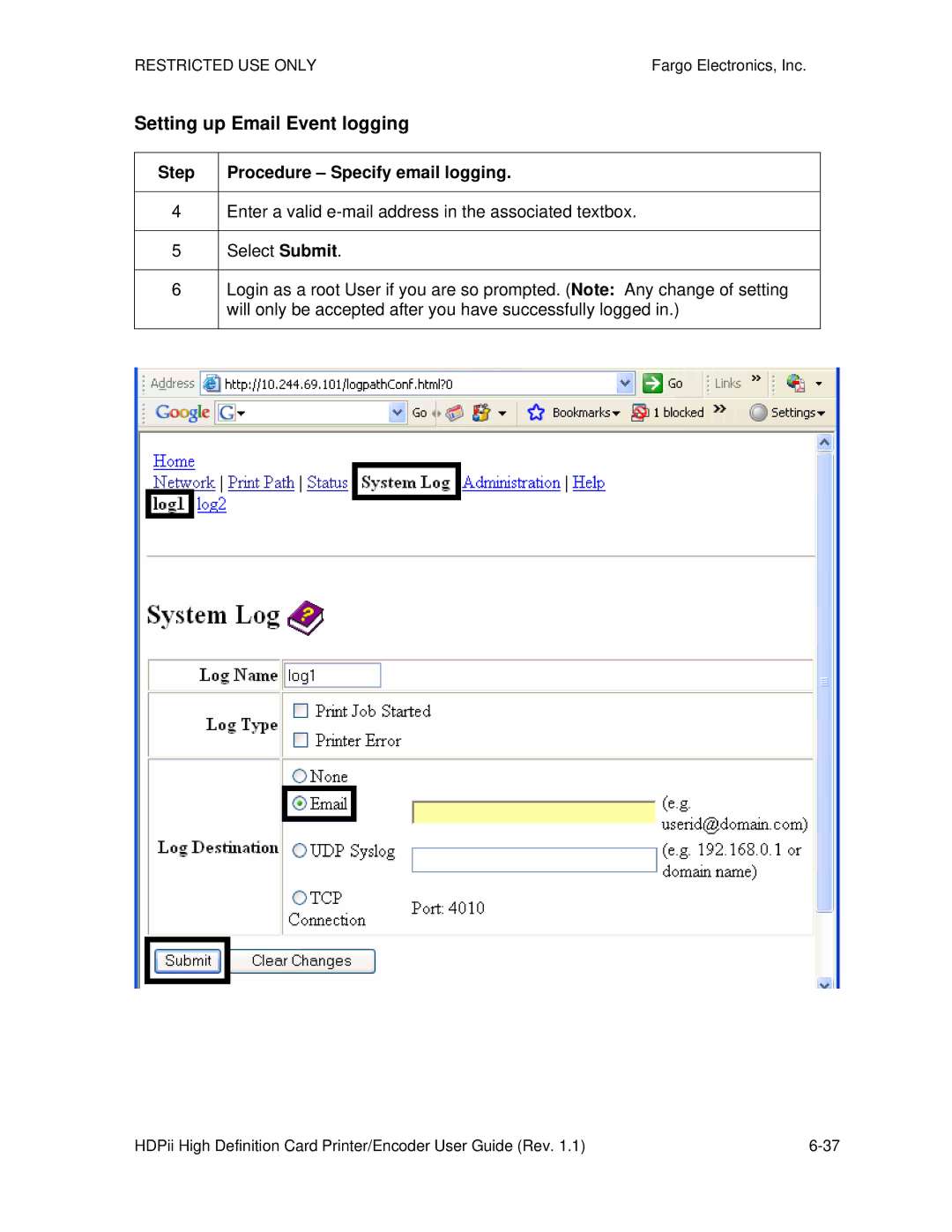 FARGO electronic HDPii manual Setting up Email Event logging 