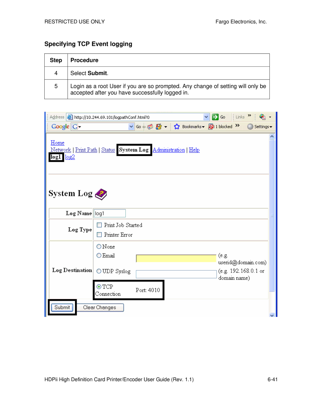 FARGO electronic HDPii manual Specifying TCP Event logging 