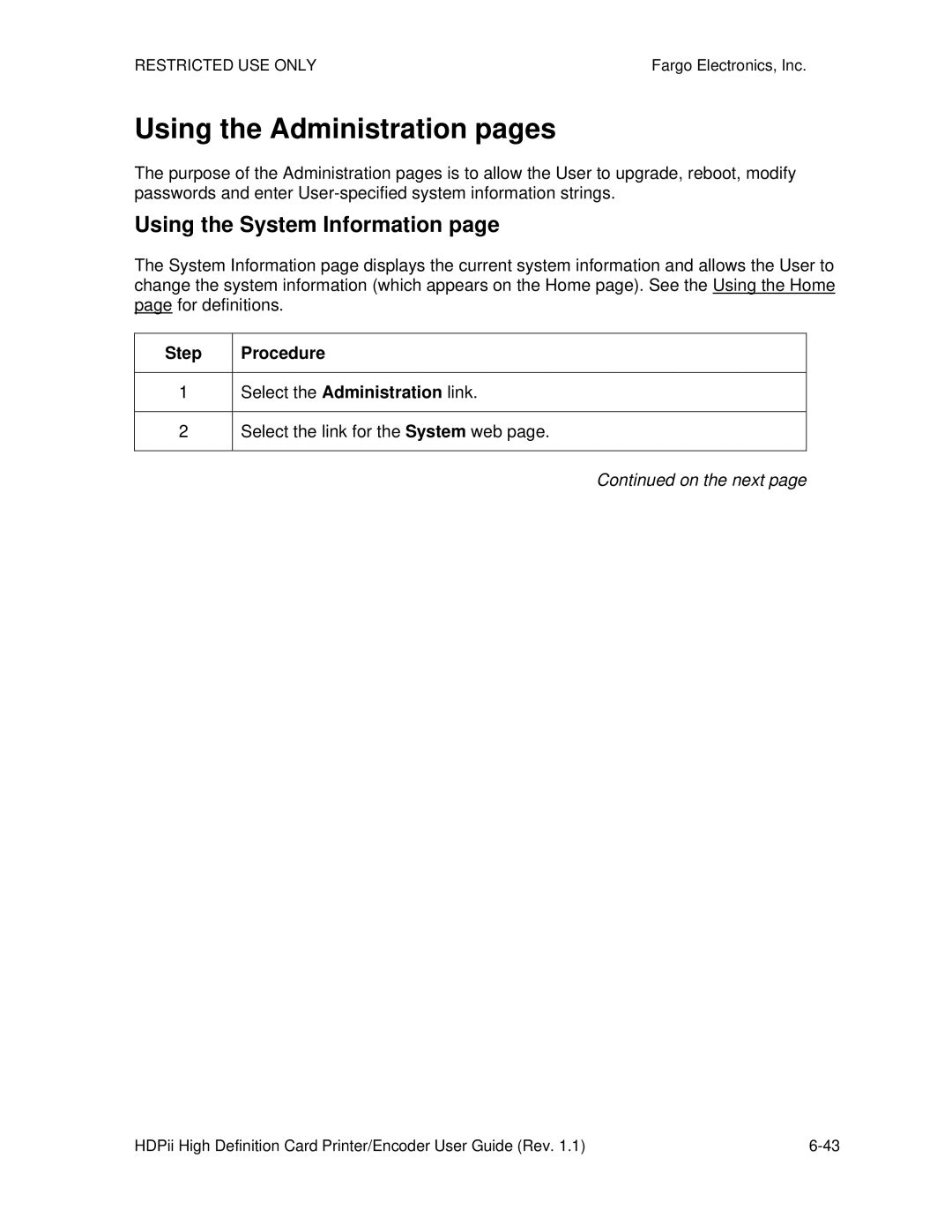 FARGO electronic HDPii manual Using the Administration pages, Using the System Information 