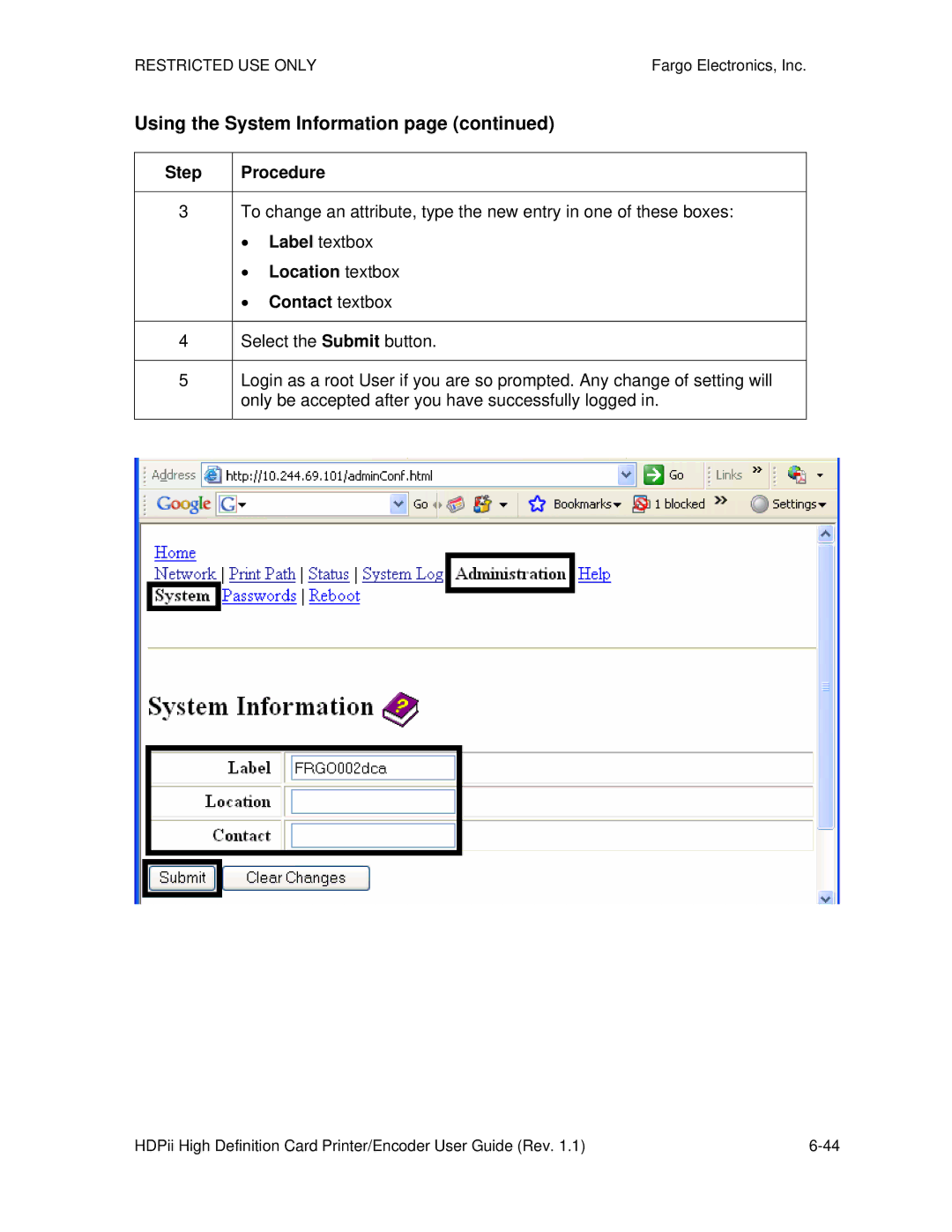 FARGO electronic HDPii manual Using the System Information, Label textbox, Location textbox, Contact textbox 