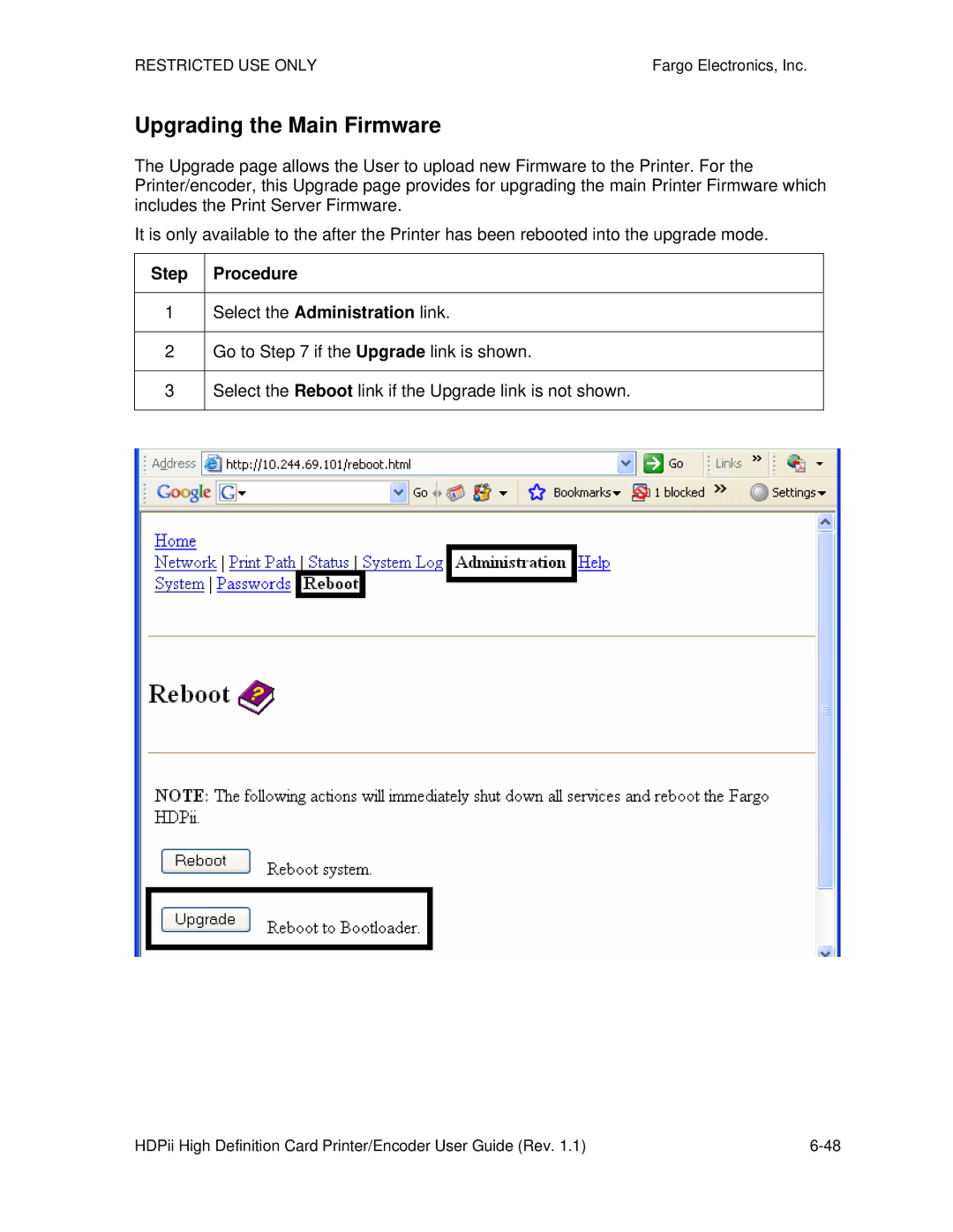 FARGO electronic HDPii manual Upgrading the Main Firmware, Step Procedure 