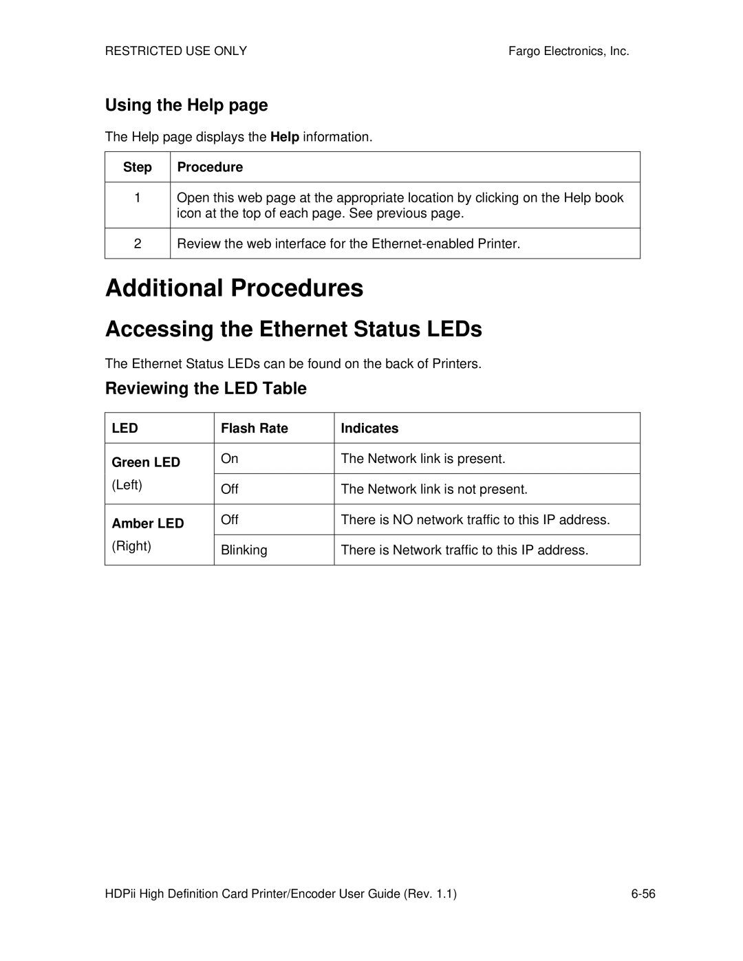 FARGO electronic HDPii manual Accessing the Ethernet Status LEDs, Using the Help, Reviewing the LED Table, Amber LED 