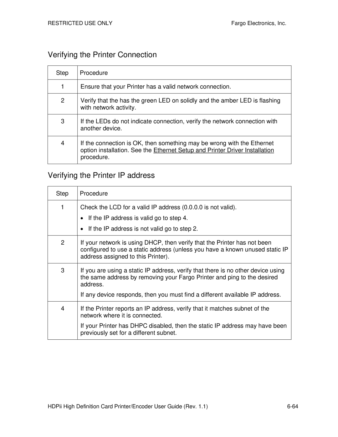 FARGO electronic HDPii manual Verifying the Printer Connection, Verifying the Printer IP address 