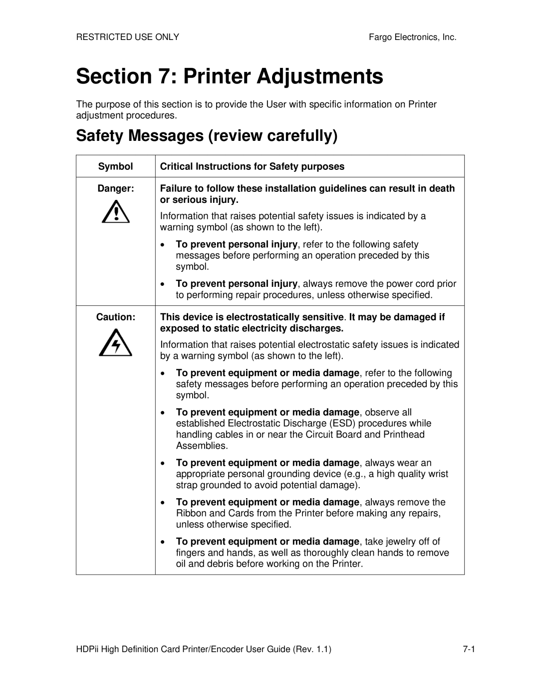 FARGO electronic HDPii manual Printer Adjustments 