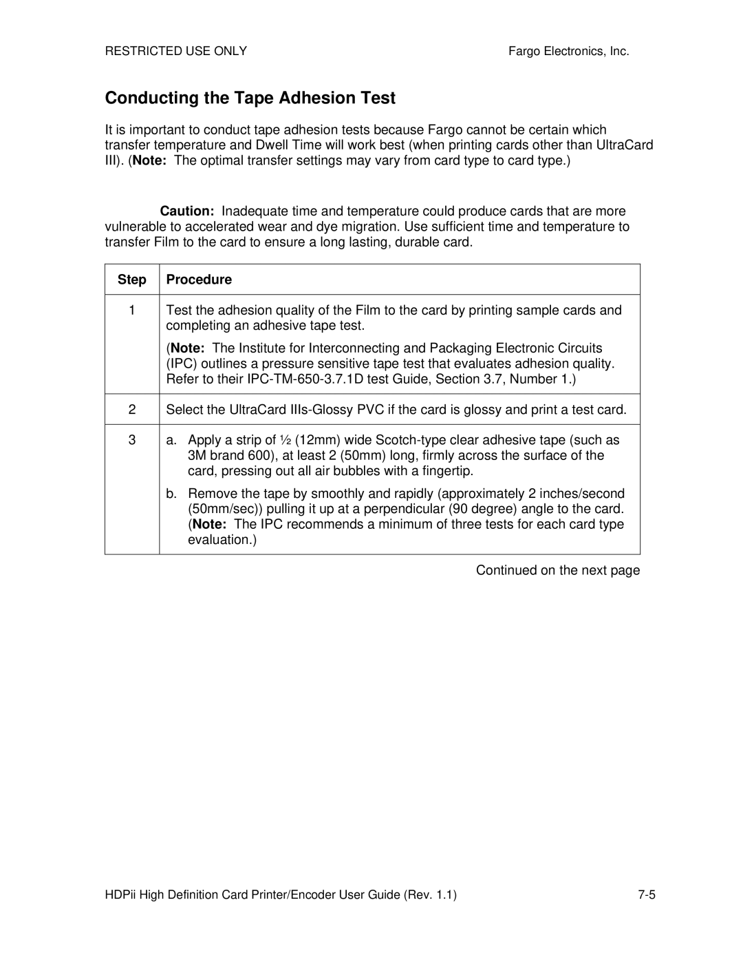 FARGO electronic HDPii manual Conducting the Tape Adhesion Test, Step Procedure 