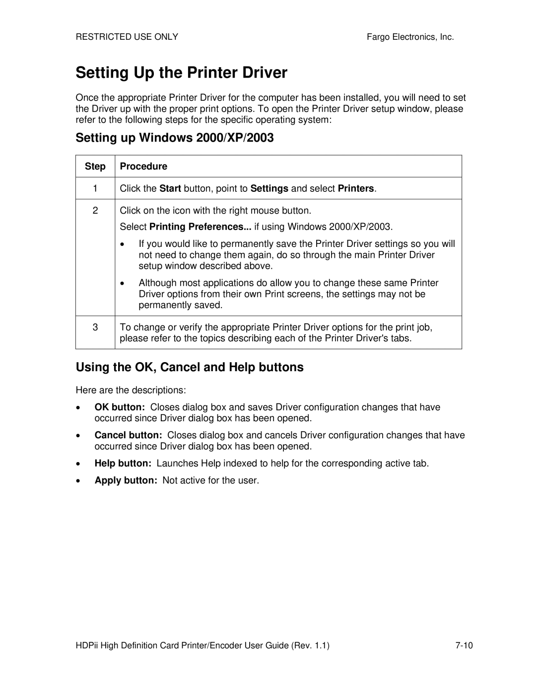 FARGO electronic HDPii manual Setting Up the Printer Driver, Setting up Windows 2000/XP/2003 