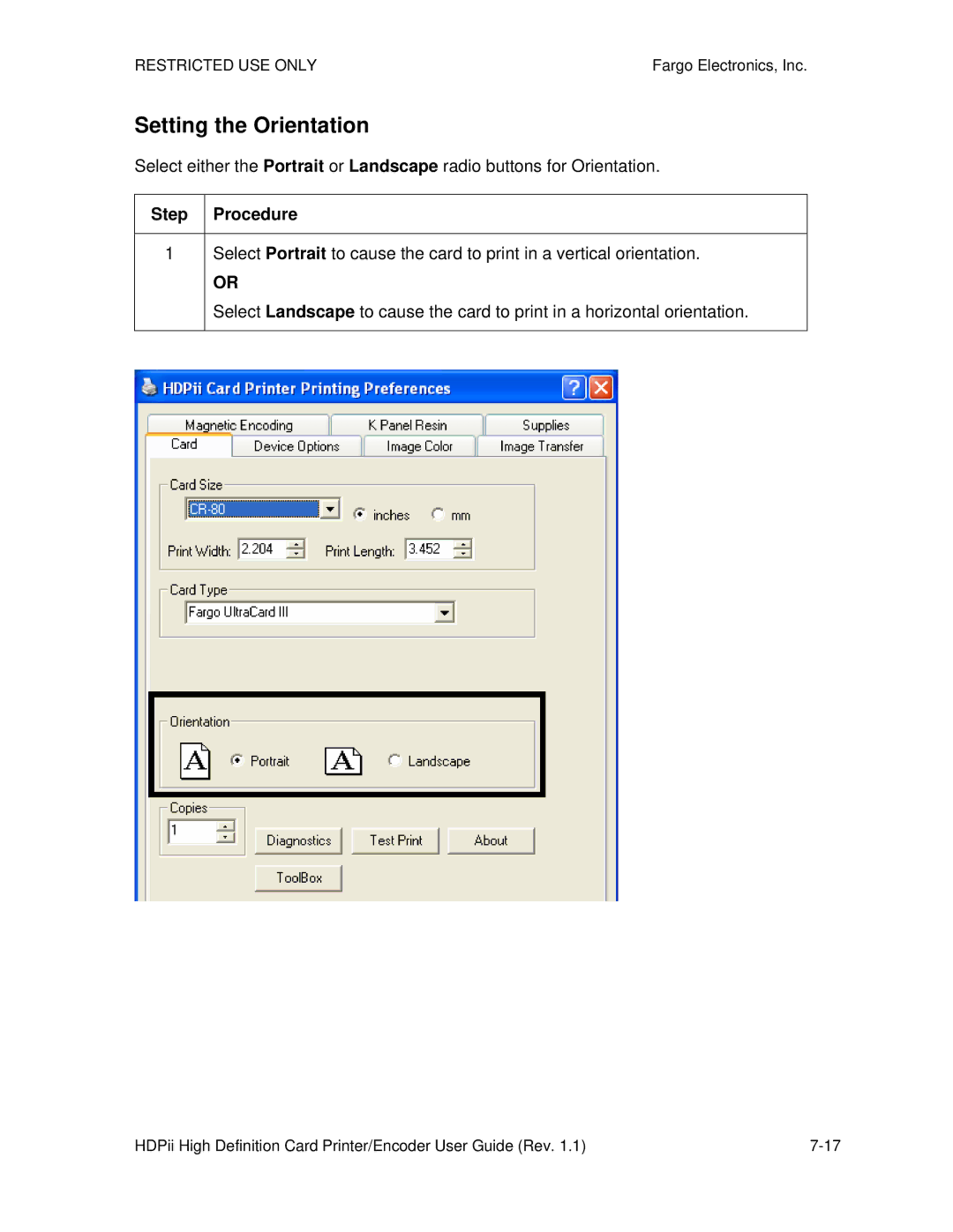 FARGO electronic HDPii manual Setting the Orientation 