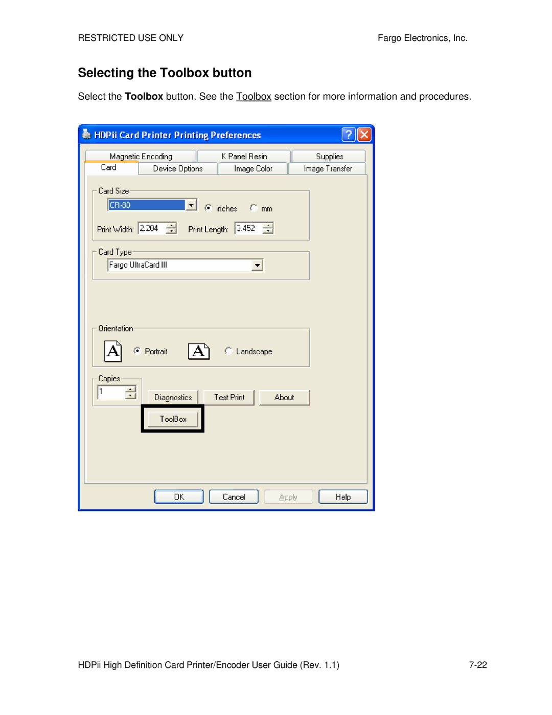 FARGO electronic HDPii manual Selecting the Toolbox button 