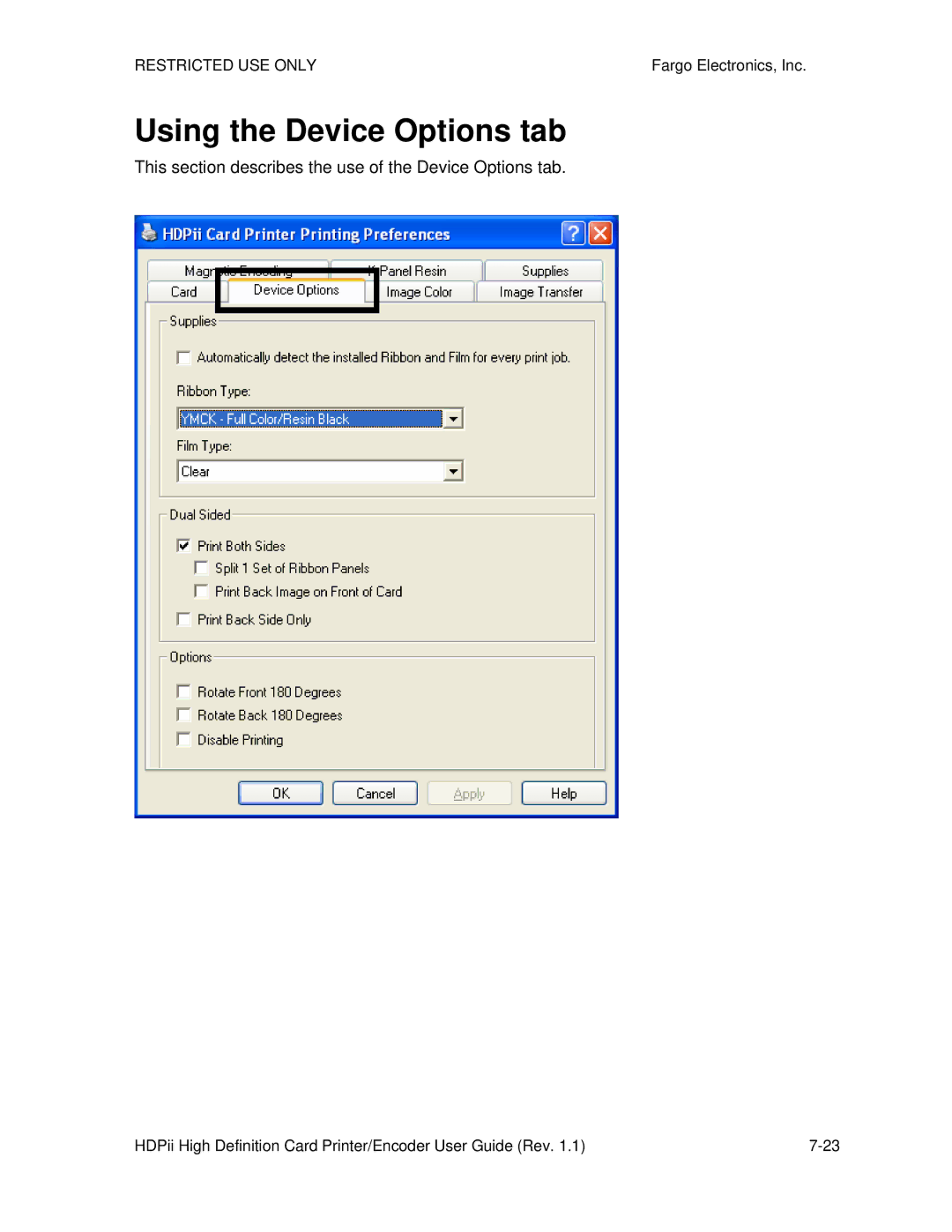 FARGO electronic HDPii manual Using the Device Options tab, This section describes the use of the Device Options tab 