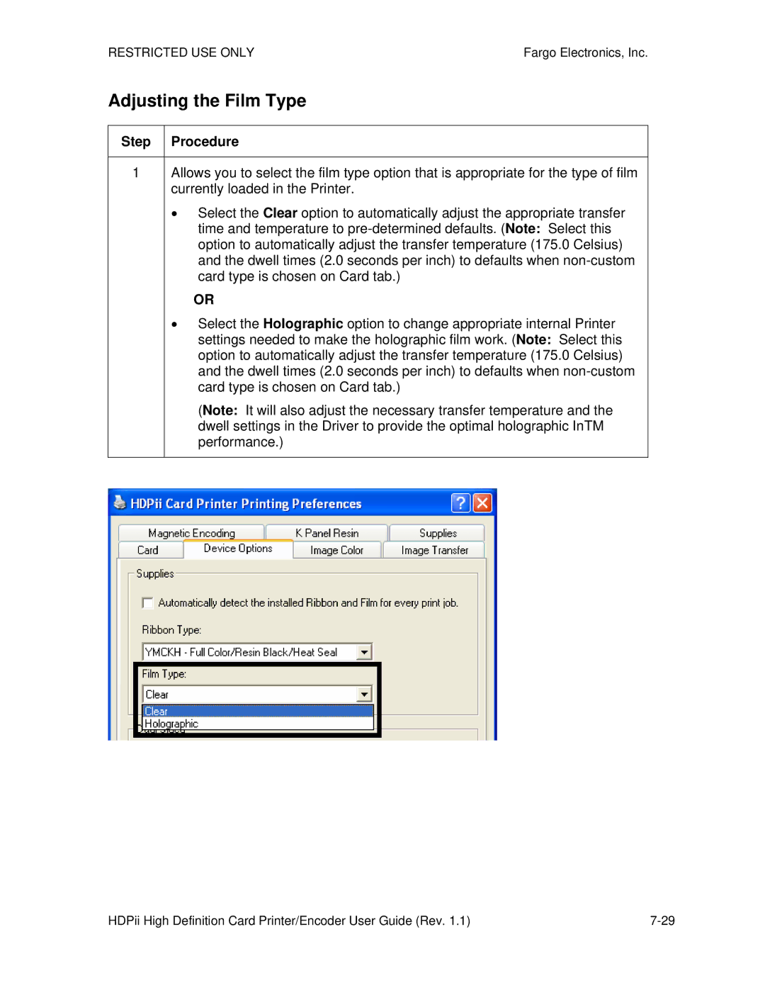 FARGO electronic HDPii manual Adjusting the Film Type 