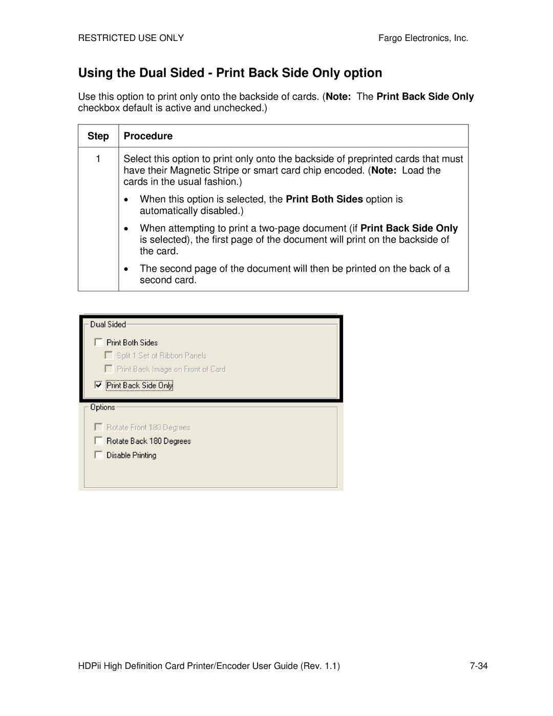 FARGO electronic HDPii manual Using the Dual Sided Print Back Side Only option 