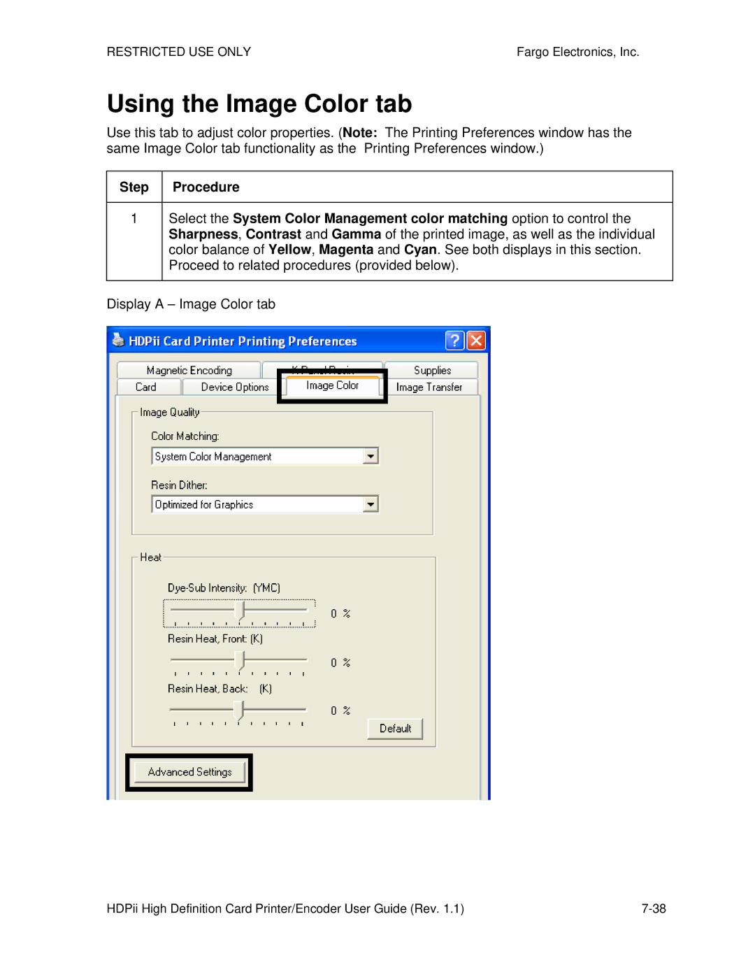 FARGO electronic HDPii manual Using the Image Color tab 