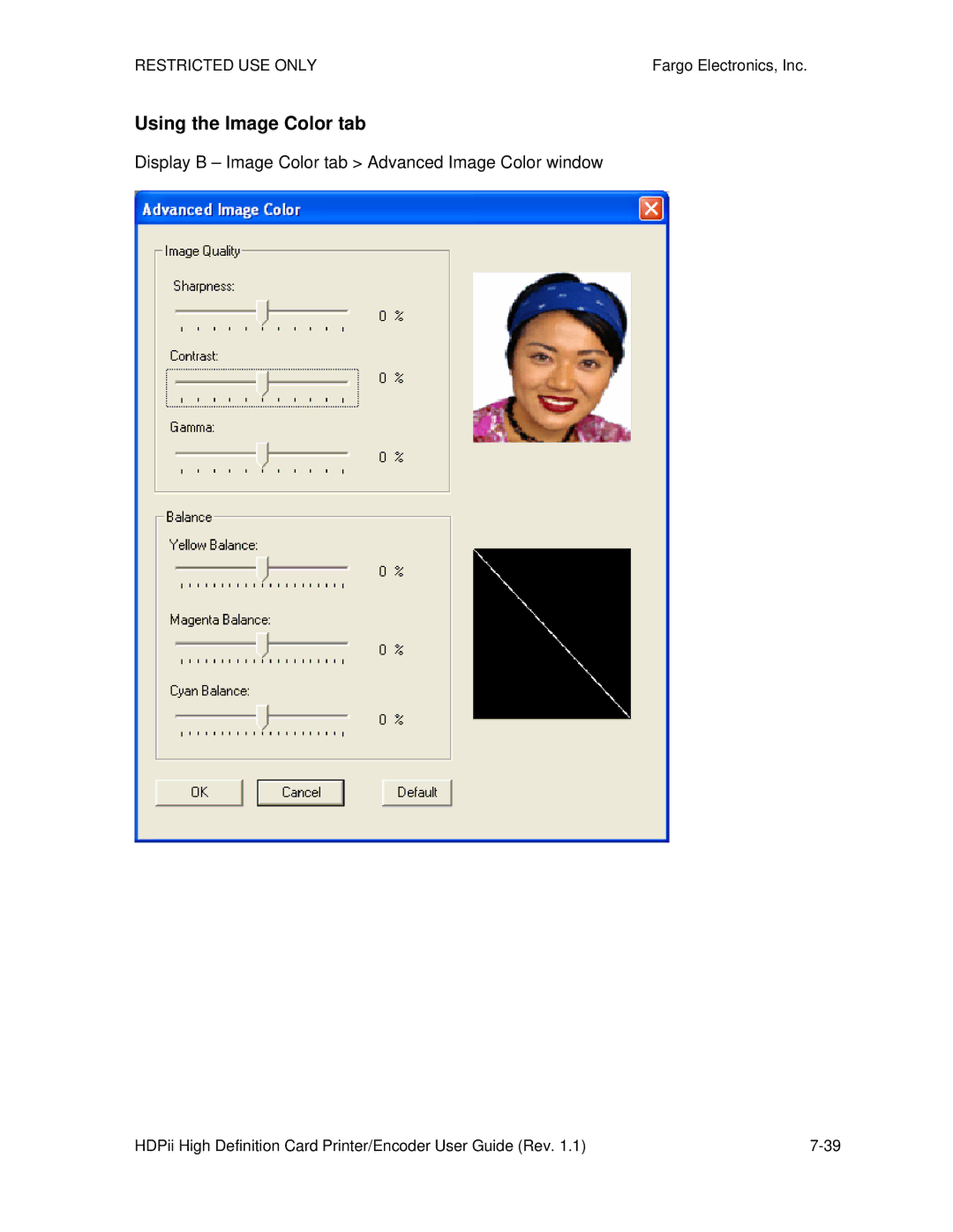 FARGO electronic HDPii manual Using the Image Color tab, Display B Image Color tab Advanced Image Color window 
