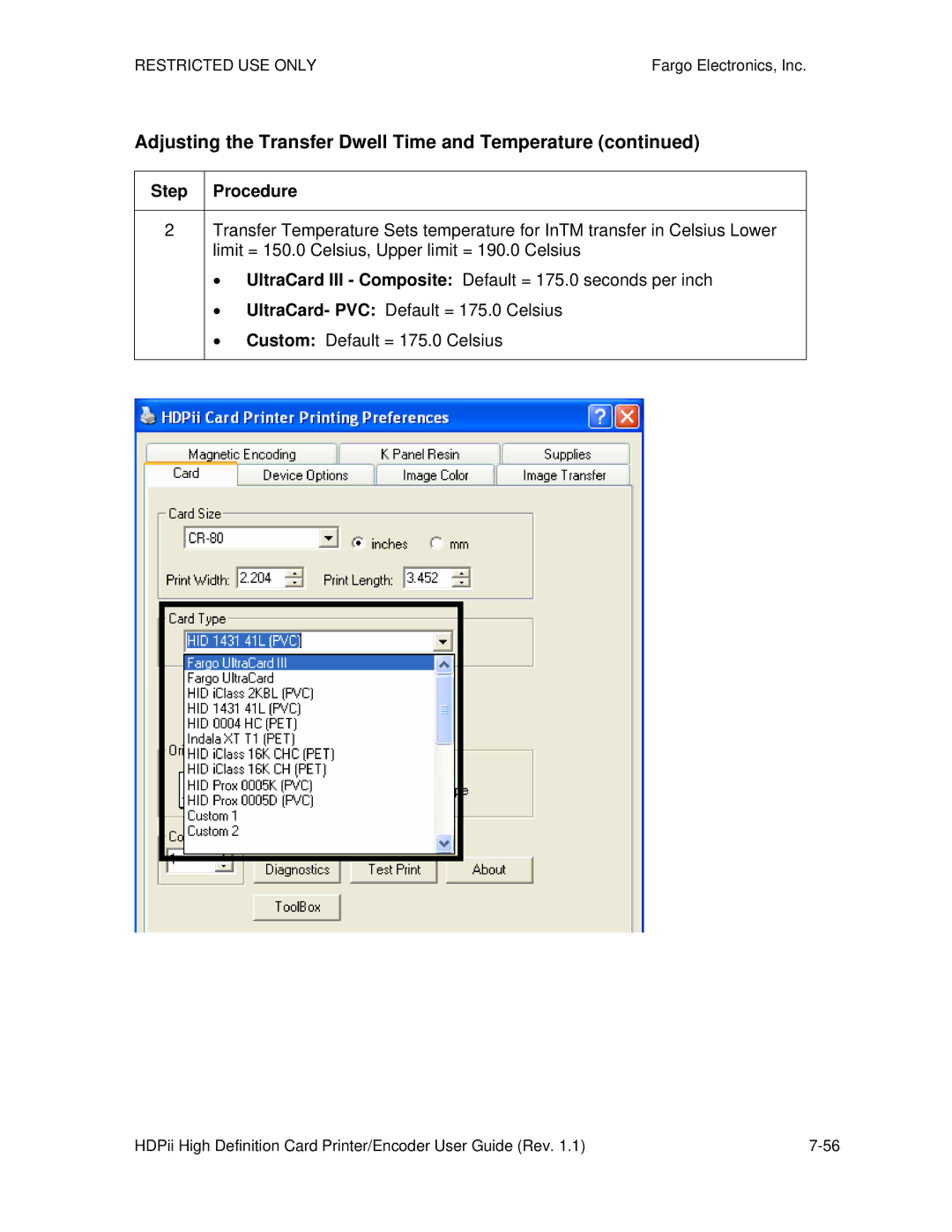 FARGO electronic HDPii manual Adjusting the Transfer Dwell Time and Temperature 