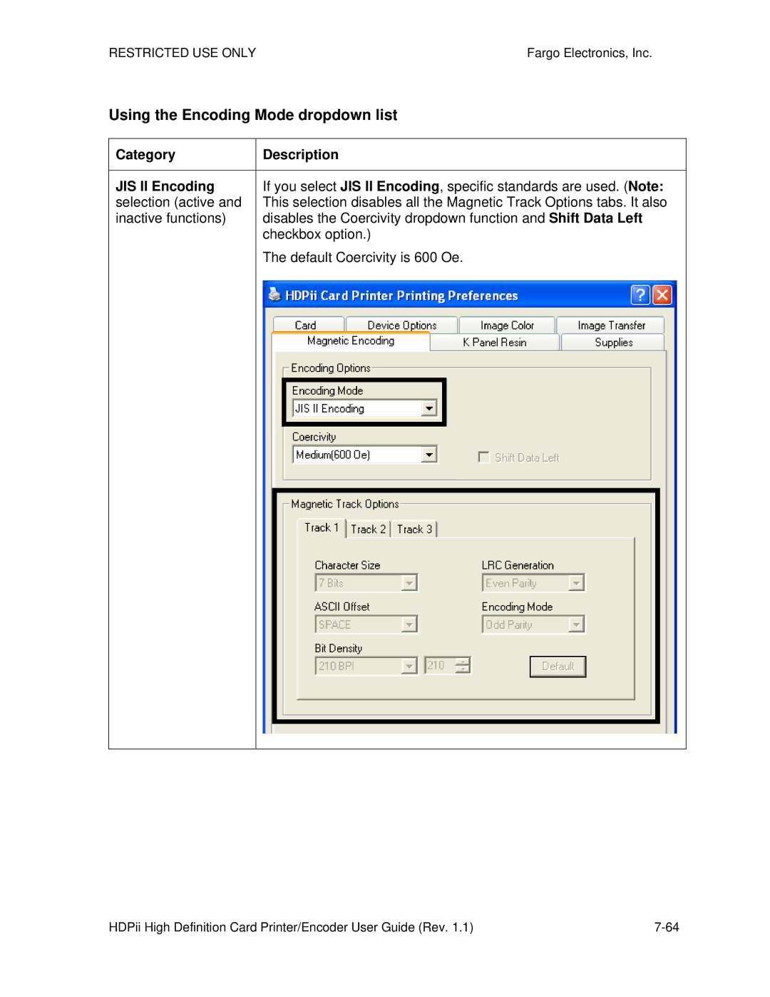 FARGO electronic HDPii manual Category Description JIS II Encoding 