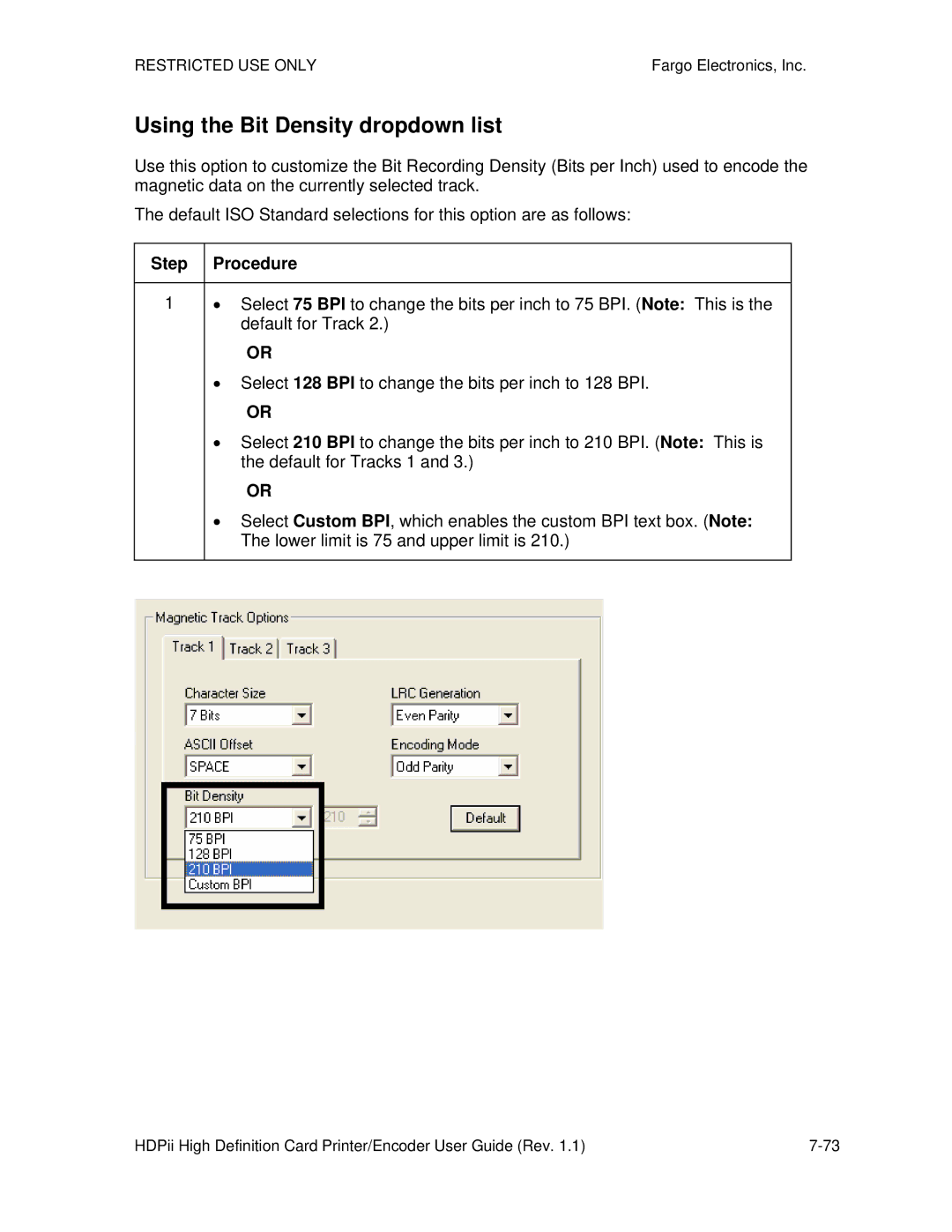 FARGO electronic HDPii manual Using the Bit Density dropdown list 