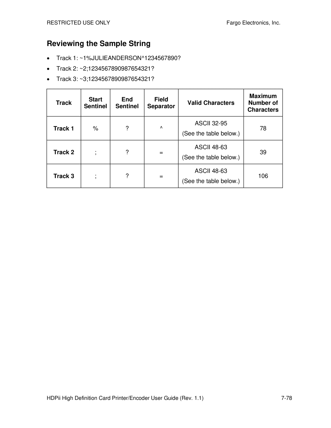 FARGO electronic HDPii manual Reviewing the Sample String, Track Start End Field Valid Characters Maximum 