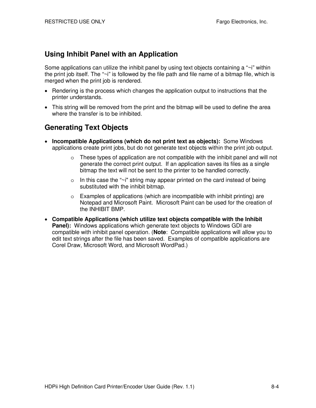 FARGO electronic HDPii manual Using Inhibit Panel with an Application, Generating Text Objects 